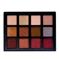 Eyeshadow palette with 12 square pans of various colors in a black case