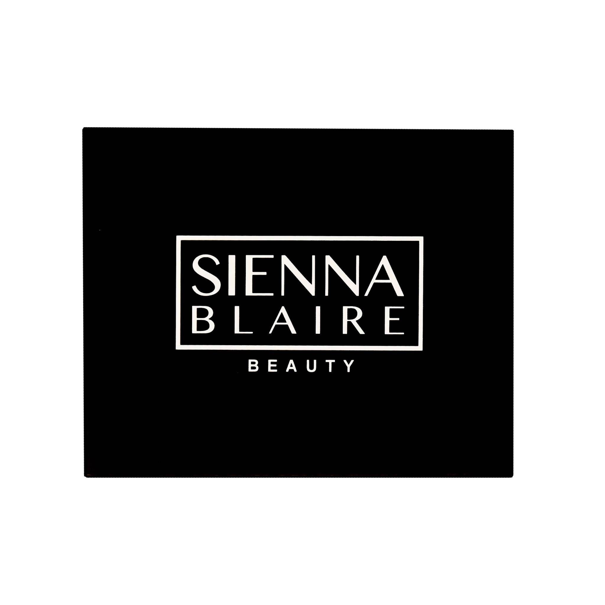 Black square with white "SIENNA BLAIRE BEAUTY" text in a box, simple sans-serif font, white background