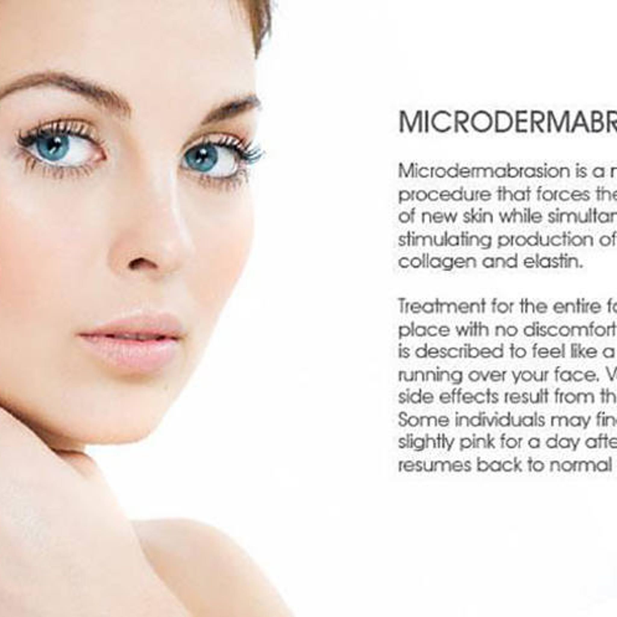 Microdermabrasion treatment on woman's face with blue eyes and pink lips, text visible