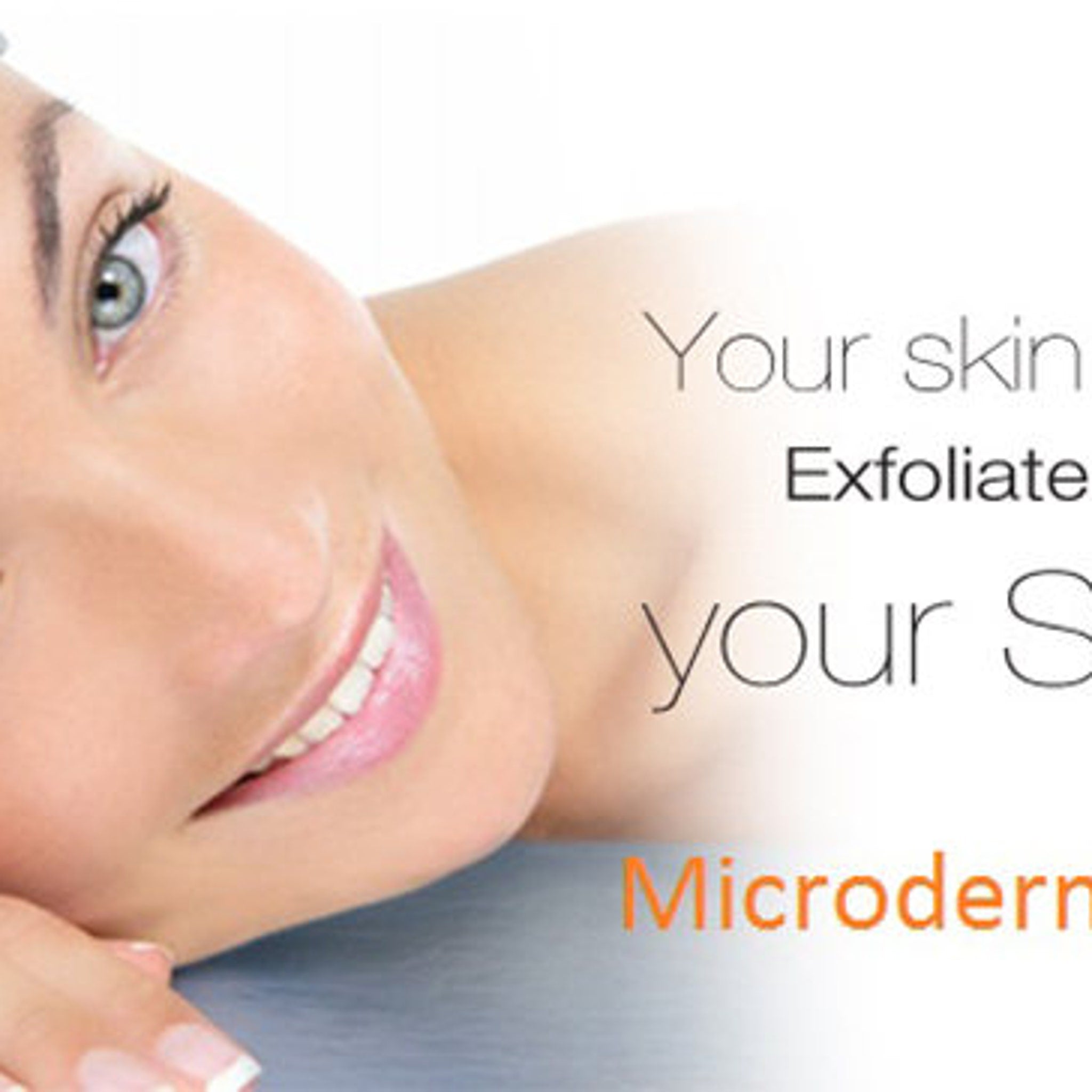 Microdermabrasion advertisement with woman's face, fair skin, and text "Microderm" in orange
