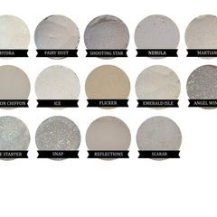 Close-up of shimmering champagne and bronze pressed glitter eyeshadow palette with reflective particles