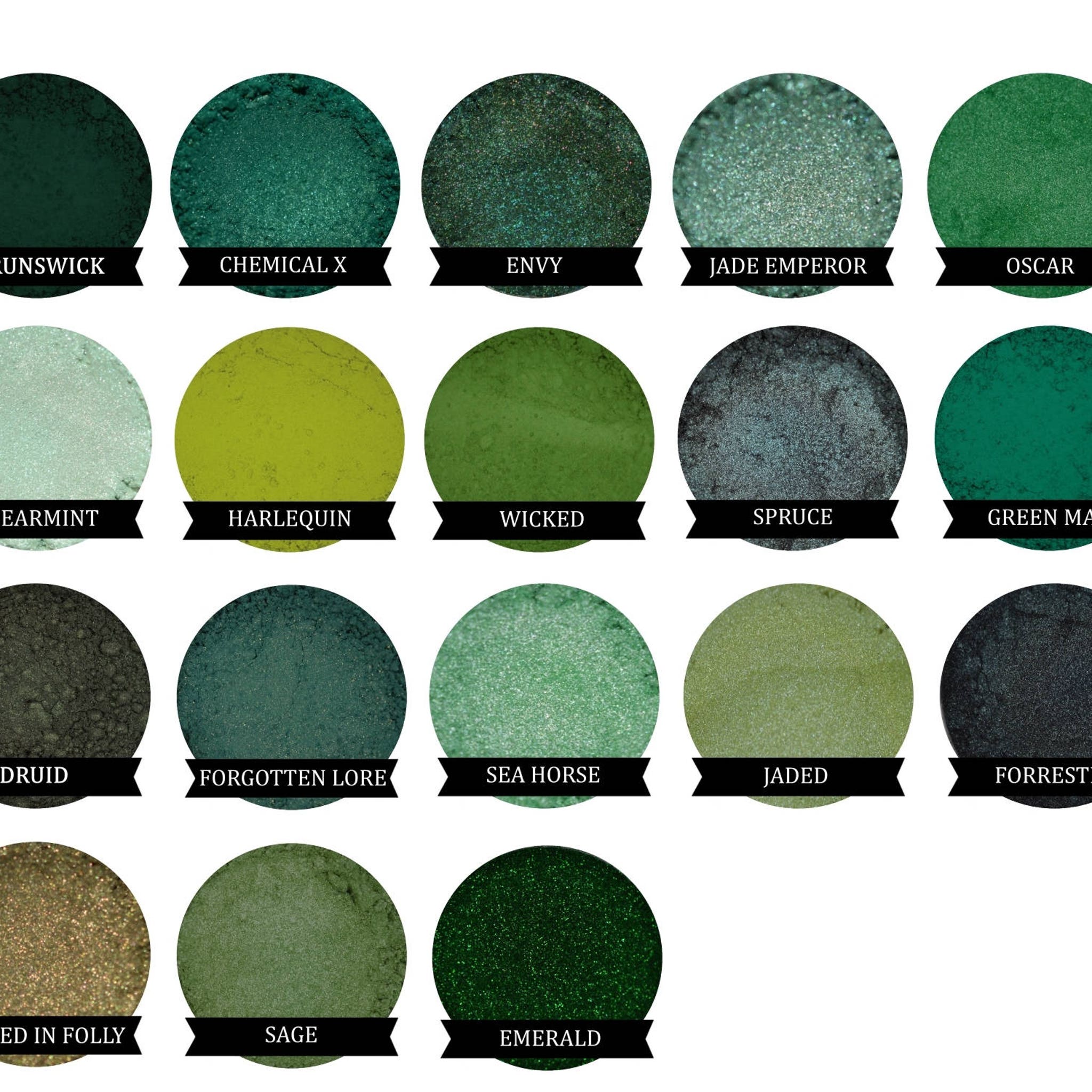 Eyeshadow shades with green, teal, and olive tones, labeled "Chemical X", "Envy", and "Emerald