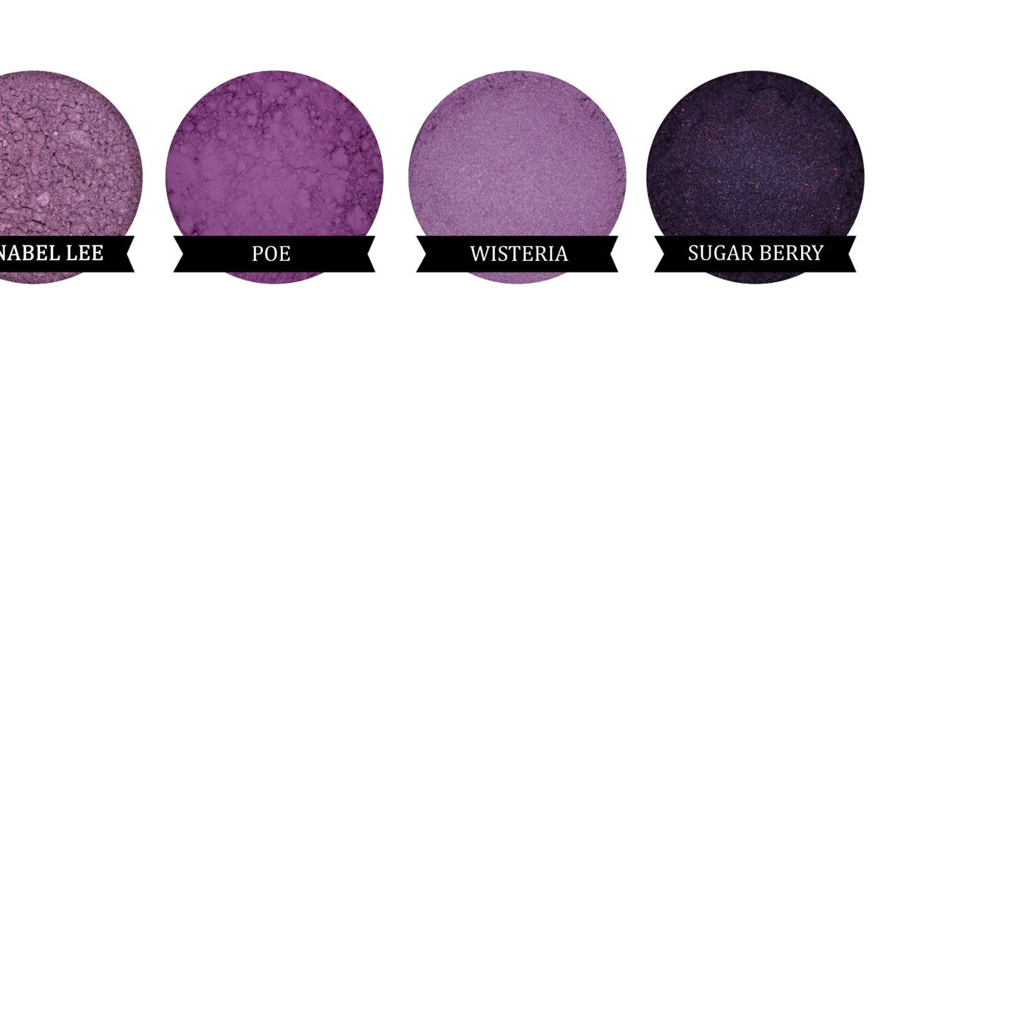Eyeshadow swatches in purple, lilac, and dark purple colors, with text labels below each swatch