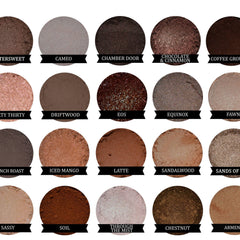 Eyeshadow palette with various colors, including brown, copper, and glittery shades, labeled with names