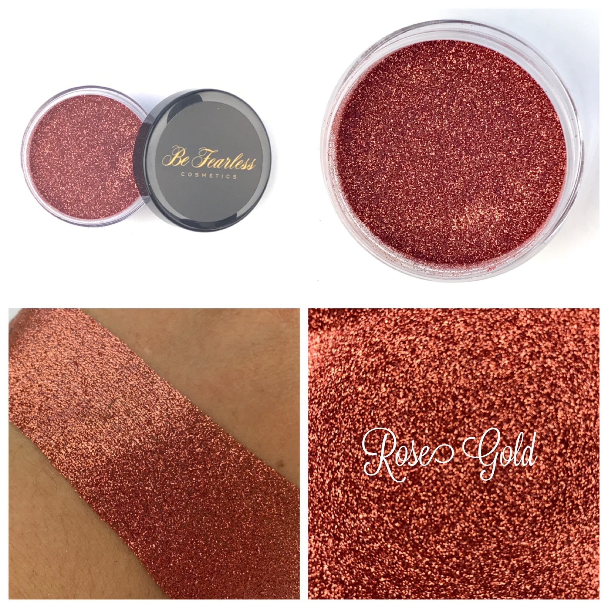 Glass jar of sparkling rose gold loose glitter eye shadow with metallic sheen