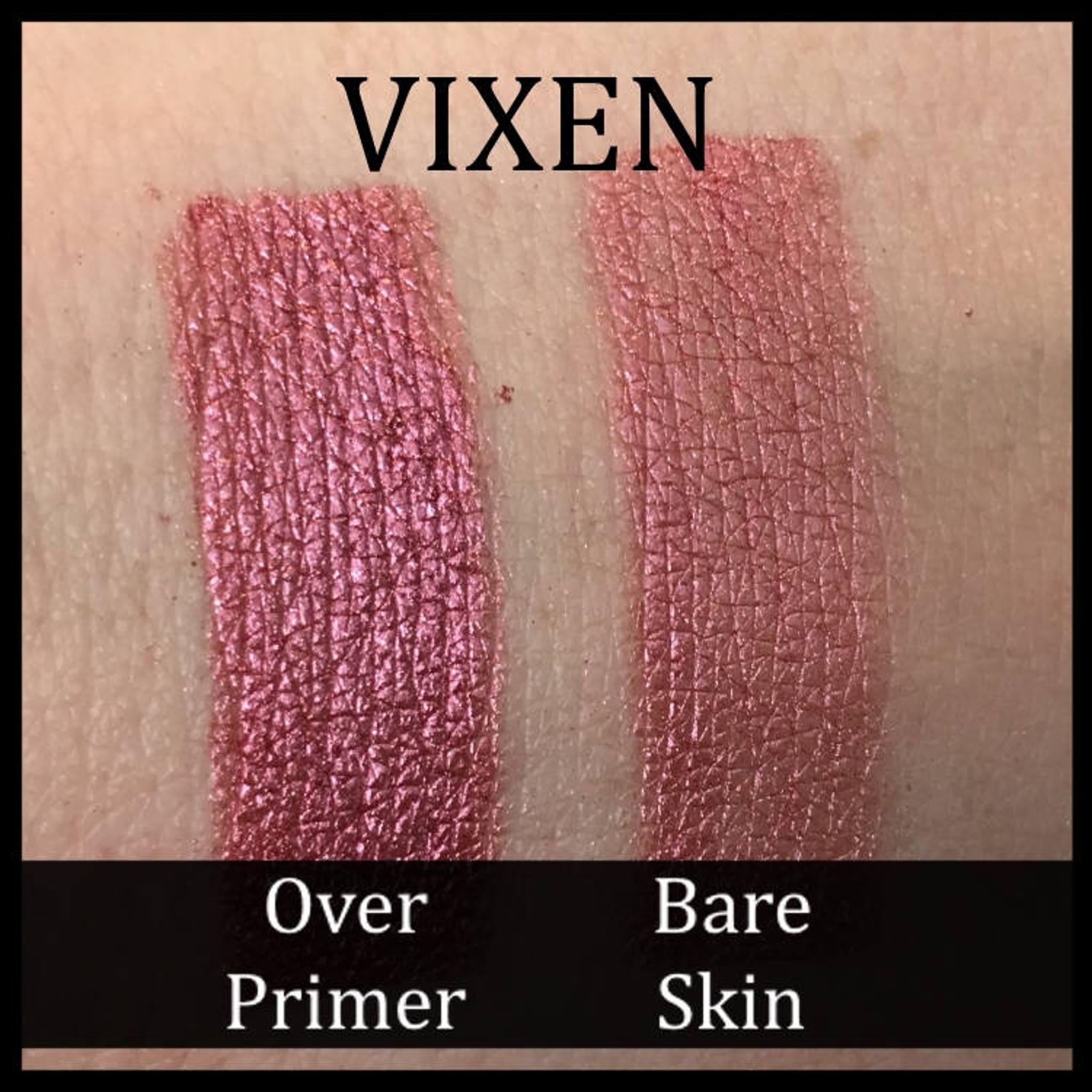 Close-up of Vixen metallic red eye shadow pan showing intense shimmer and smooth pressed pigment texture