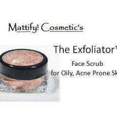 Facial cleanser jar with black lid and pink scrub, Mattify Cosmetics visible