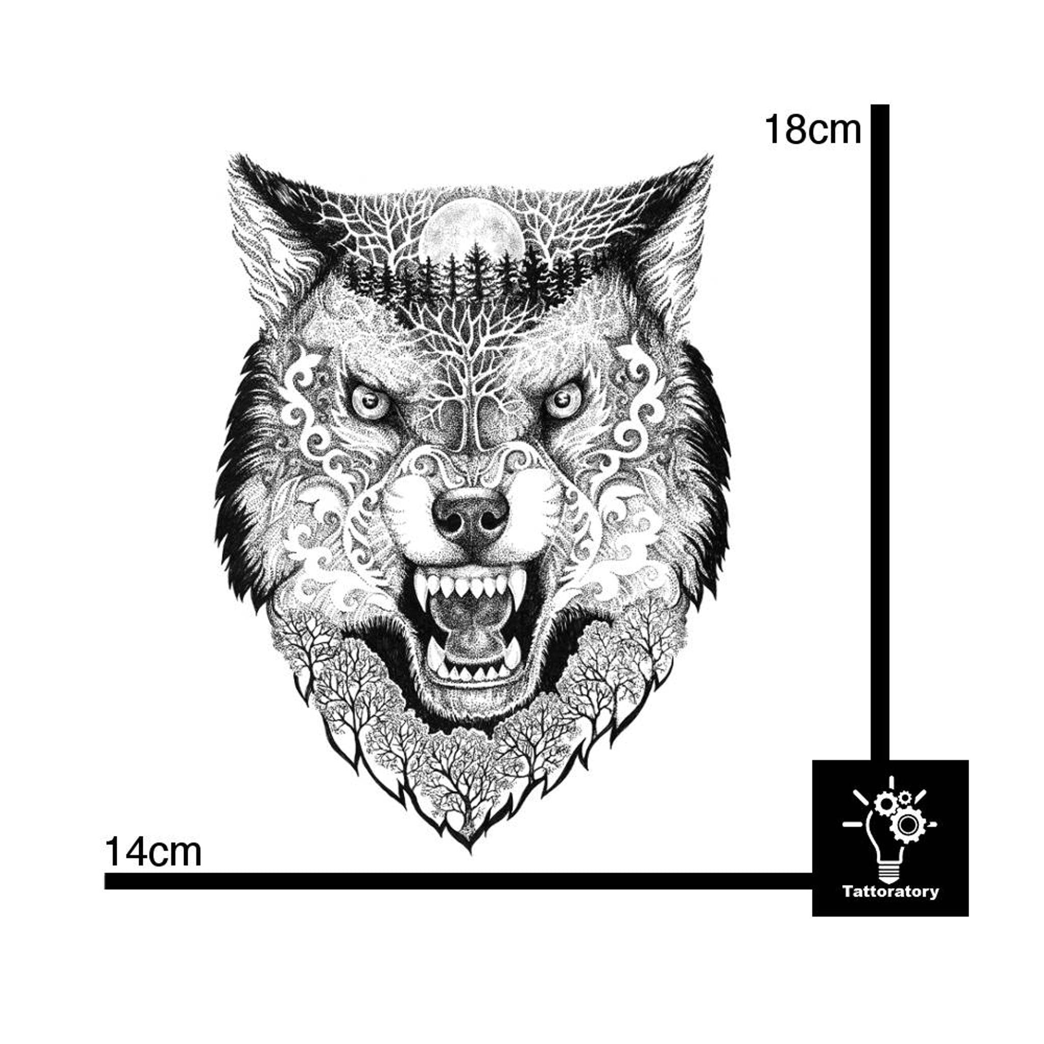 Usage example of Luxurious Wolf Temporary Tattoo for Skin - Dotwork Leg  Back Art