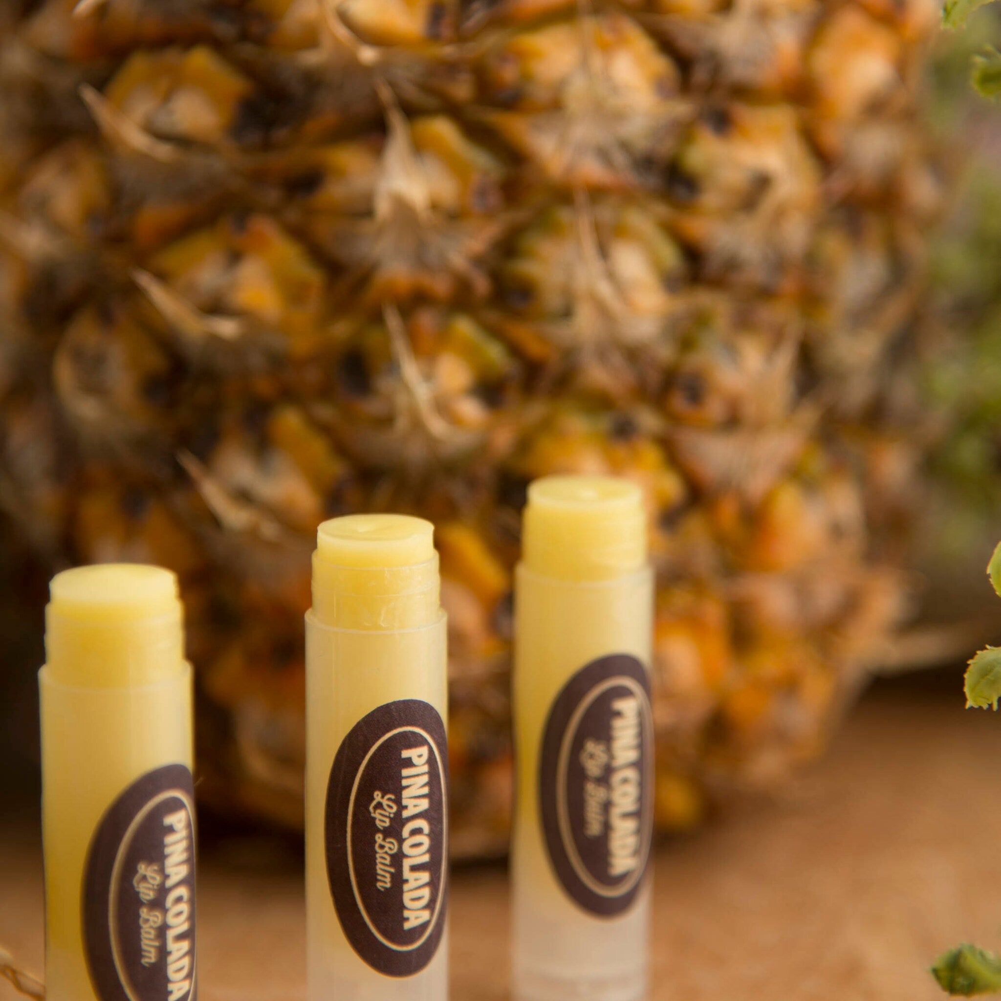 Lip balm tubes with yellow balm, brown label, and Pina Colada text, with pineapple background