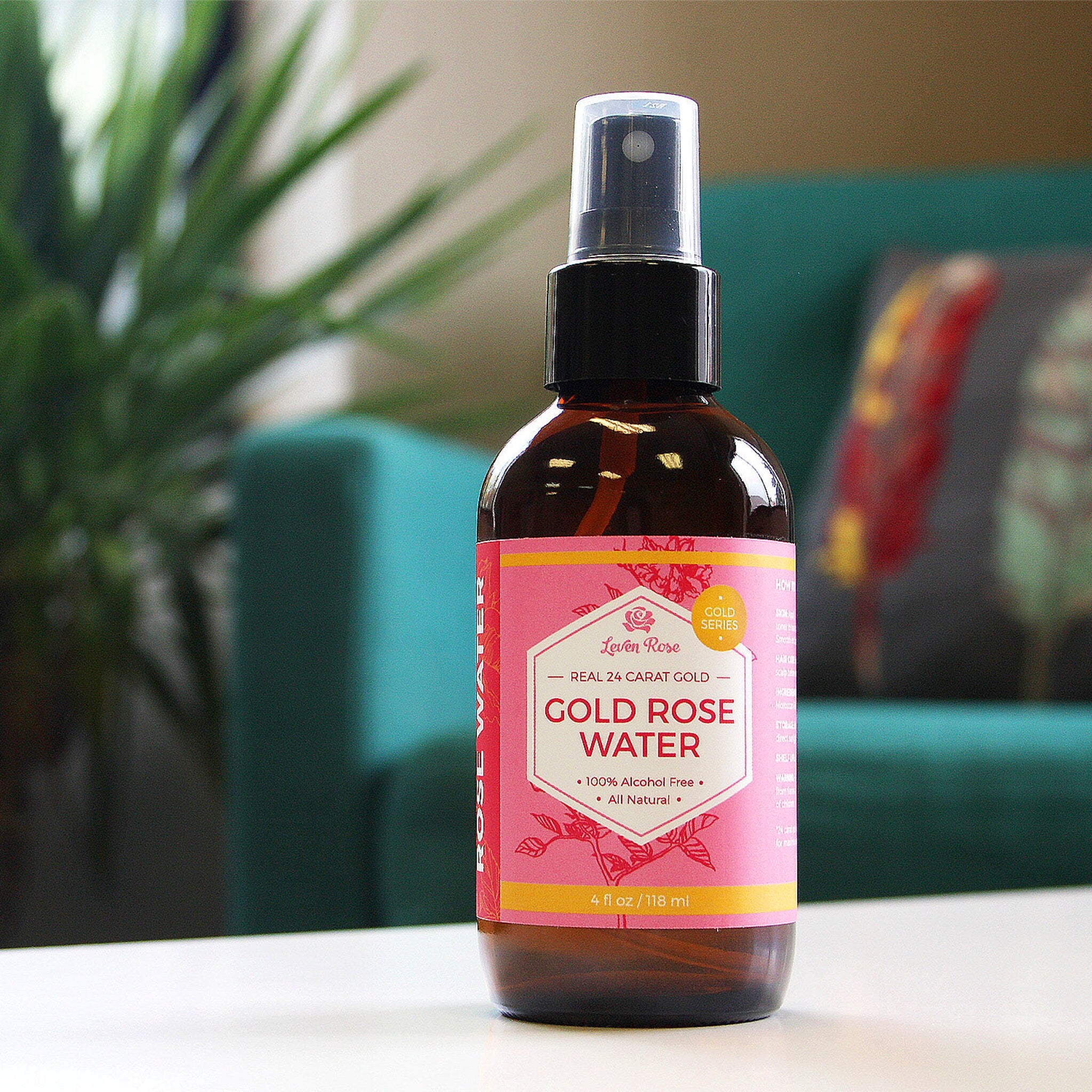 Toner bottle, brown glass, pink and yellow label, Leven Rose brand name visible