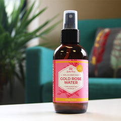 Toner bottle, brown glass, pink and yellow label, Leven Rose brand name visible
