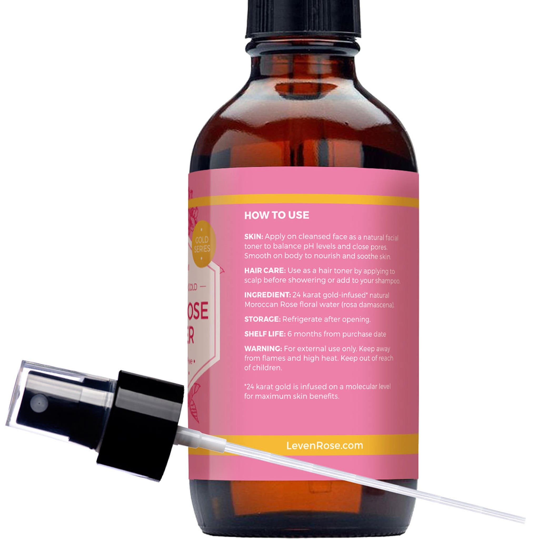 Toner bottle with brown glass, black pump, and pink label showing text and use instructions
