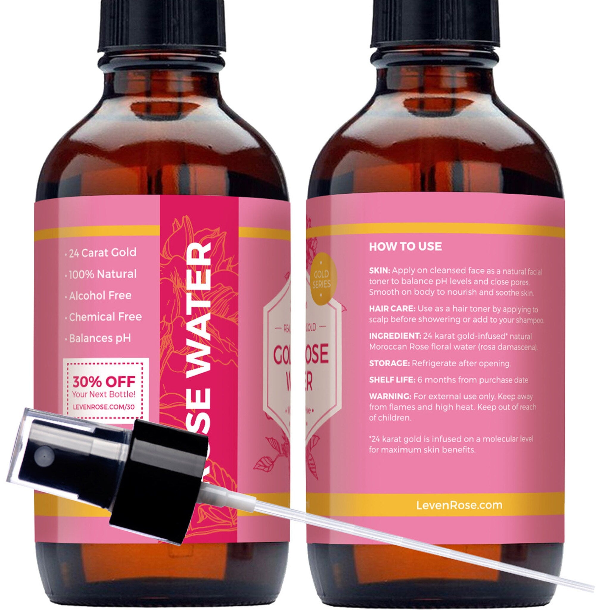 Rose water bottle with brown glass, pink label, and black spray nozzle, LevenRose brand