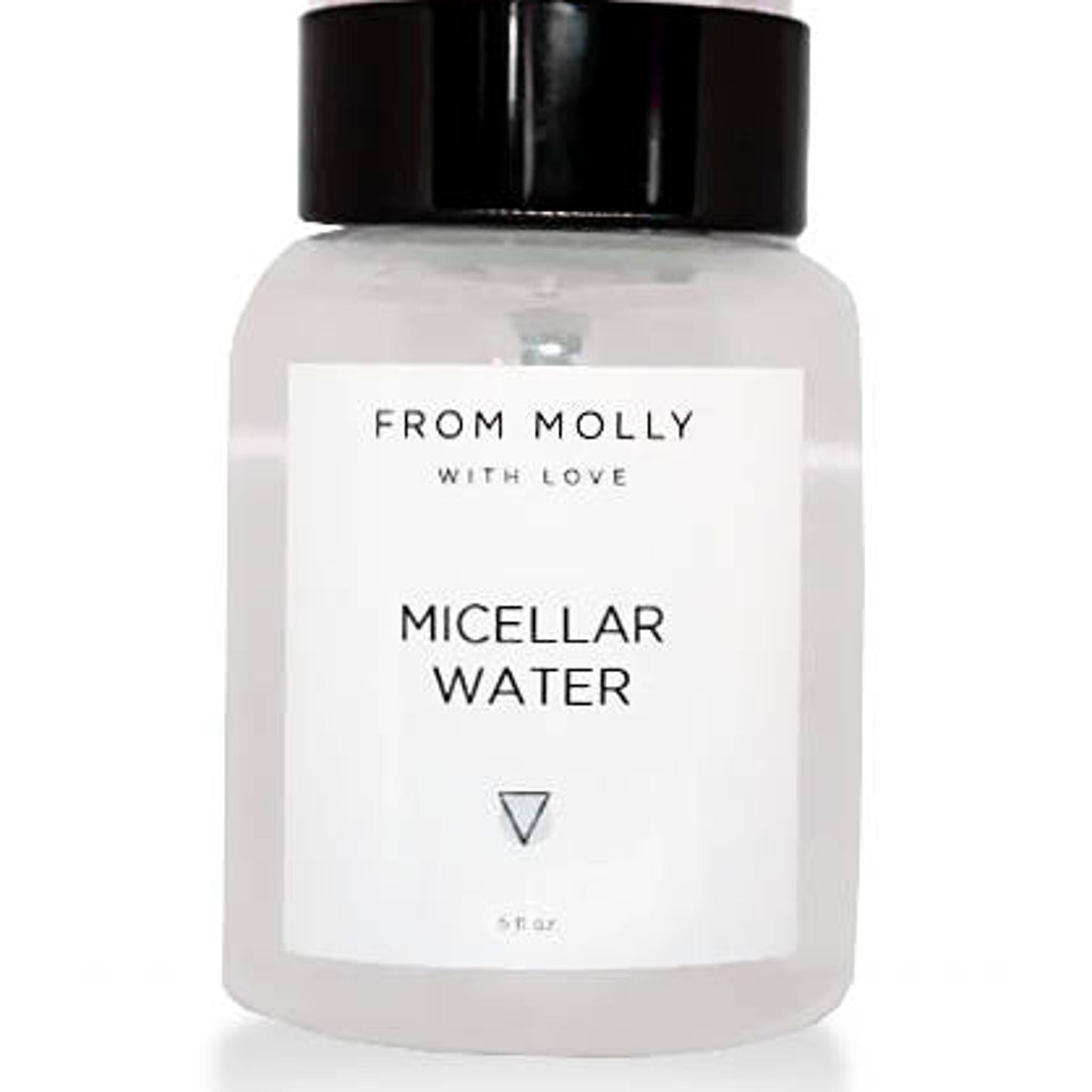 Micellar water bottle with black cap and white label, From Molly With Love brand visible