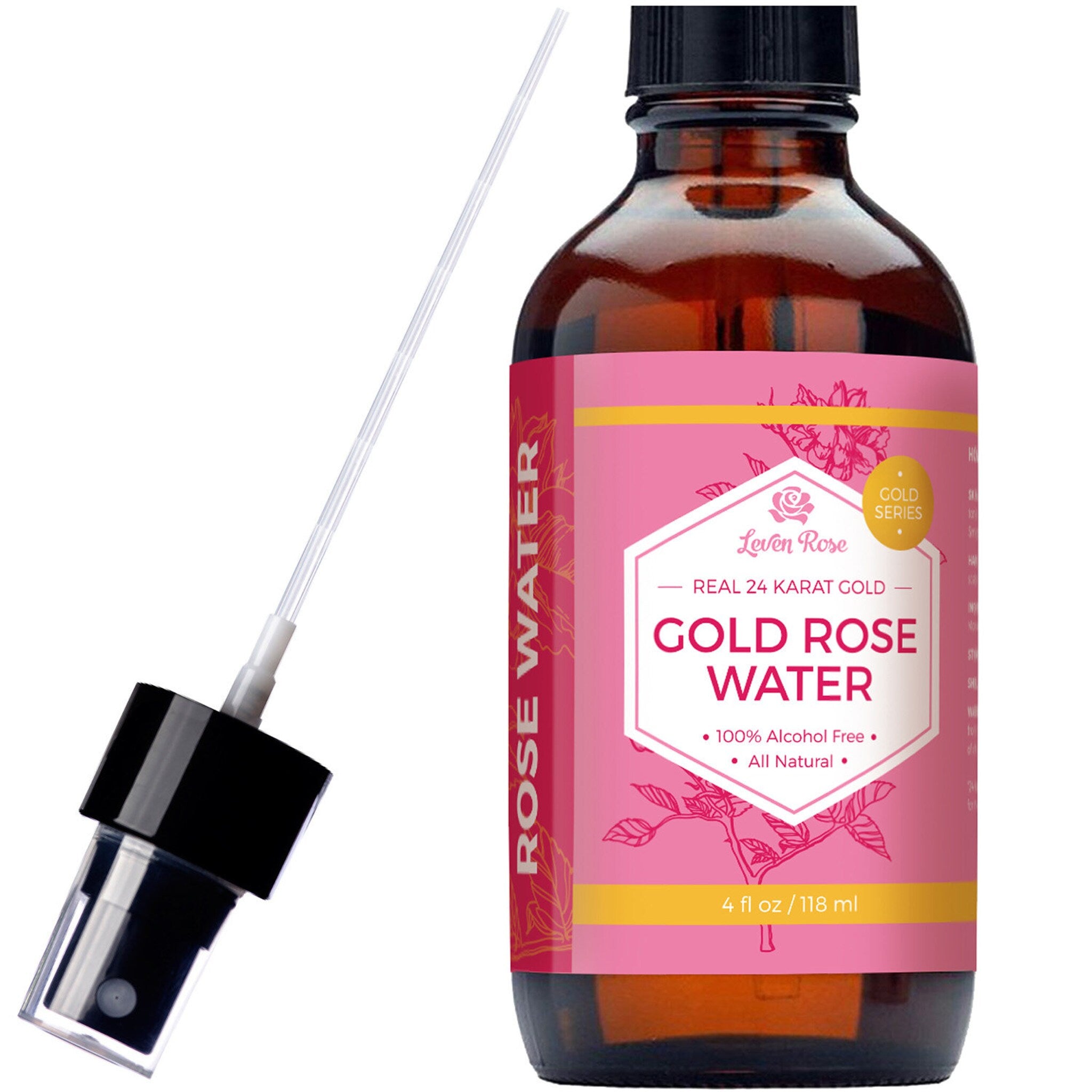 Rose water bottle with pink label, brown glass, and black spray nozzle, Leven Rose brand