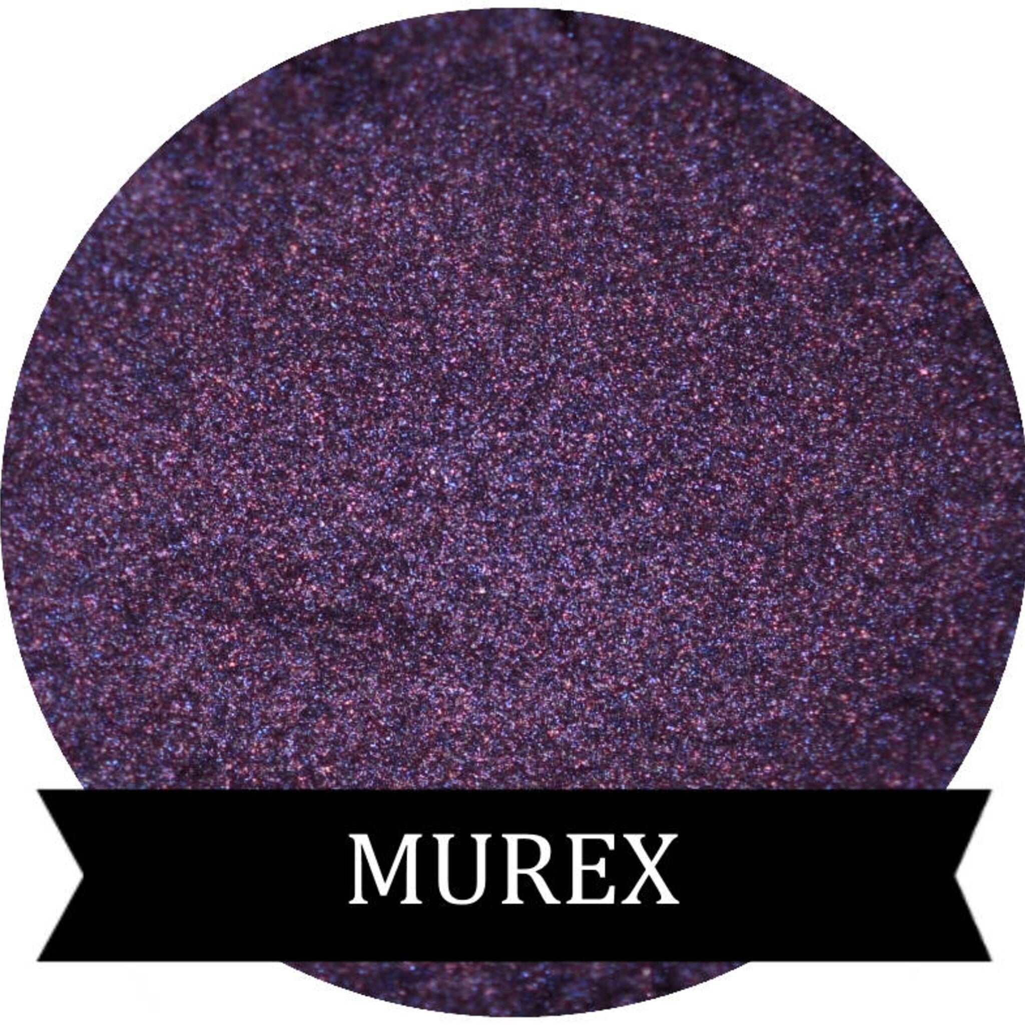 Purple eyeshadow, shimmering texture, dark purple with MUREX brand name on banner