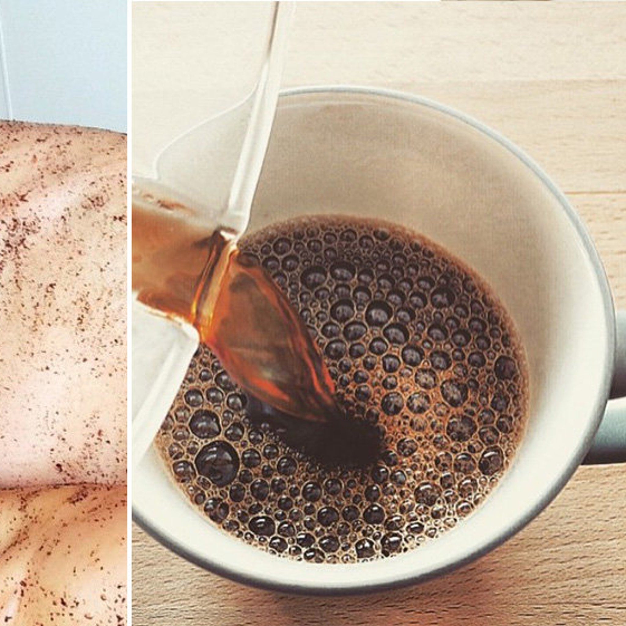 Coffee being poured into white mug, dark brown liquid with bubbles, wooden surface