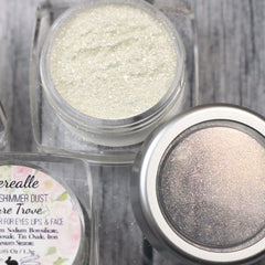 Close-up of holographic gold eye shadow dust with shimmering multi-dimensional flecks in compact pan