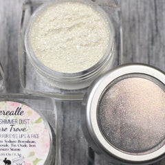 Golden holographic eye shadow powder shimmering in natural light with reflective glitter particles
