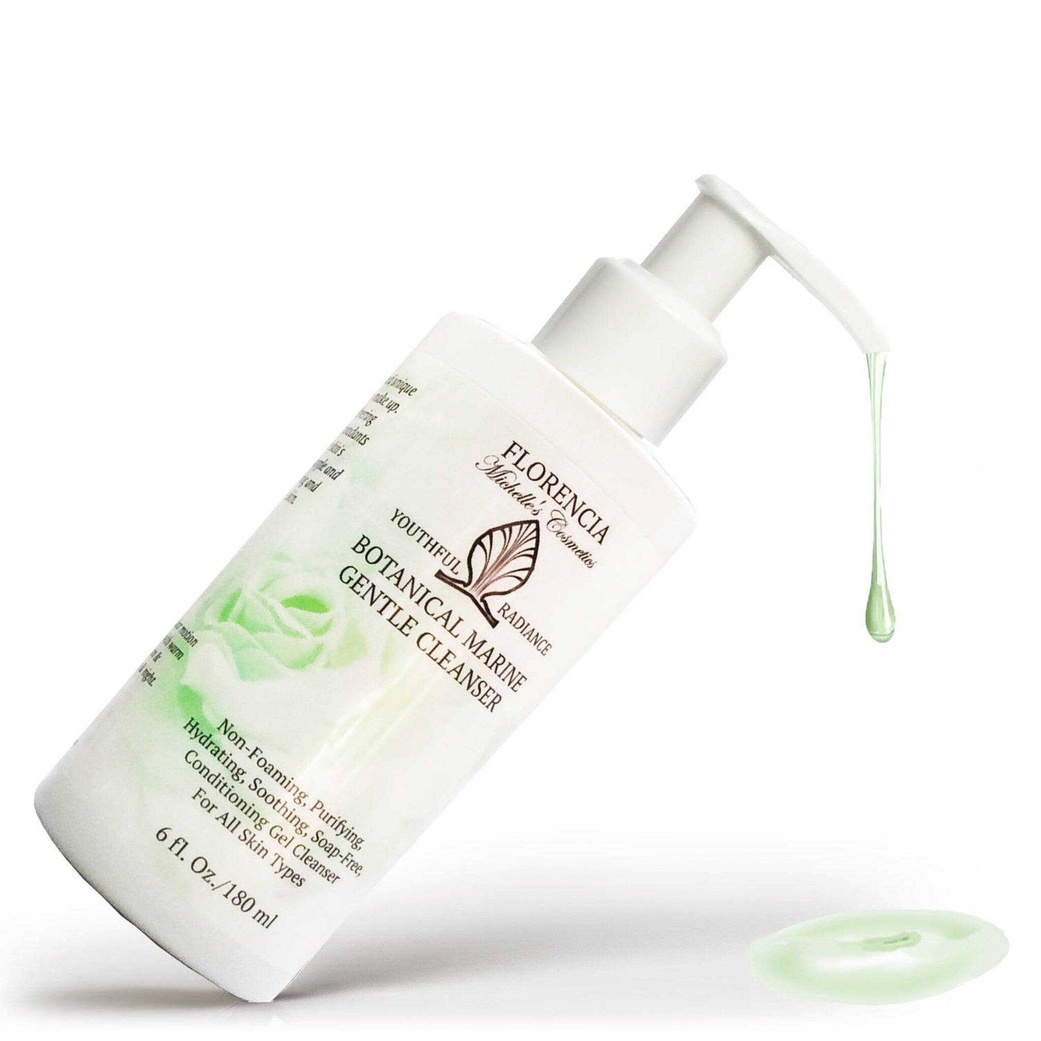 Gentle cleanser bottle, white plastic, green liquid dripping, "Florencia" brand name visible