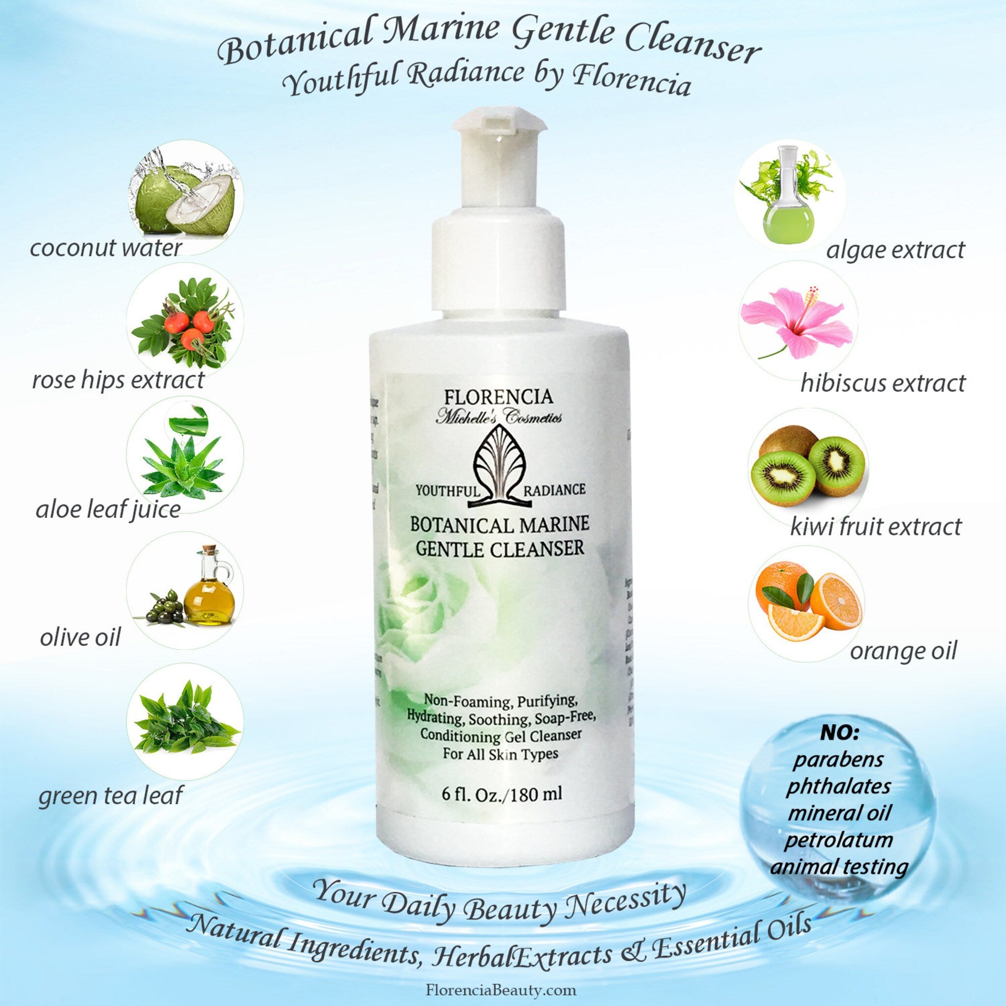 Gentle Cleanser bottle with white pump, text "Florencia", and botanical extracts in image