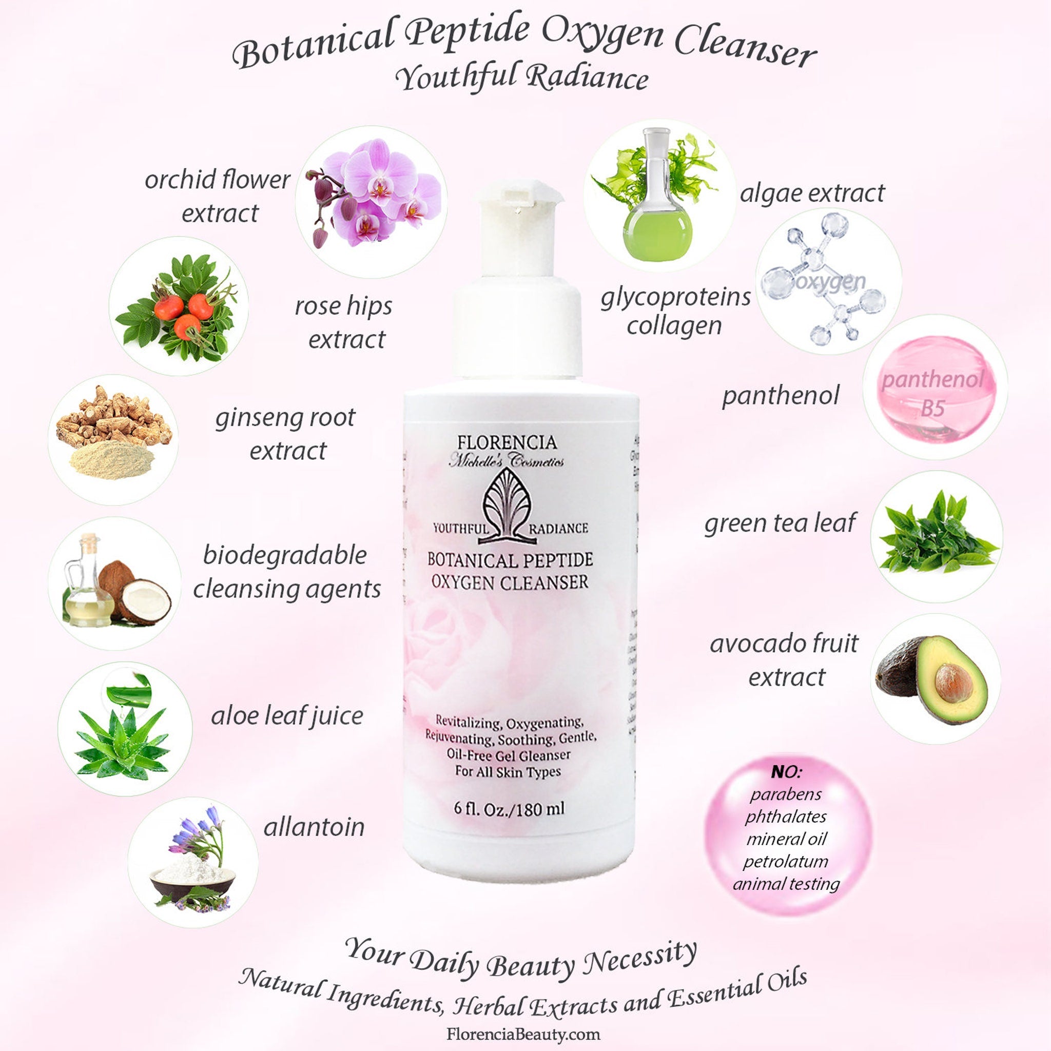 Botanical Peptide Oxygen Cleanser bottle, white bottle with a white cap, and brand name Florencia visible