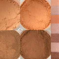 Side view of warm gingerbread brown matte eyeshadow pan with vegan formula label visible