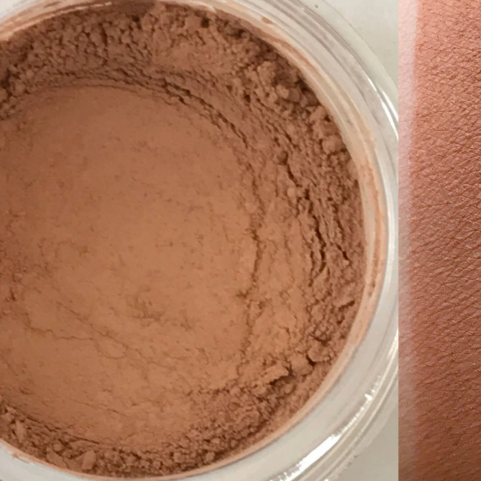 Close-up of vegan matte mocha eyeshadow pan with smooth powder texture in compact packaging