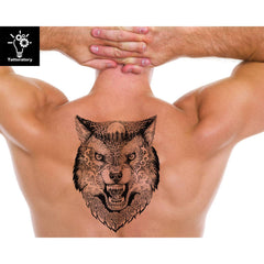 Detailed close-up of Luxurious Wolf Temporary Tattoo for Skin - Dotwork Leg  Back Art