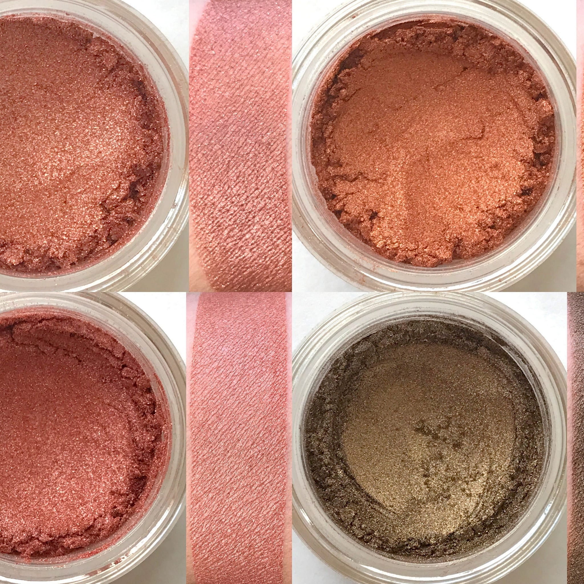 Eyeshadow pots in various shades of pink and bronze, with shimmer and swatch samples