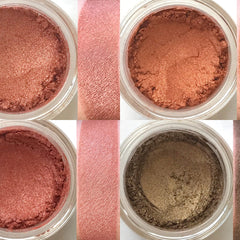 Eyeshadow pots in various shades of pink and bronze, with shimmer and swatch samples