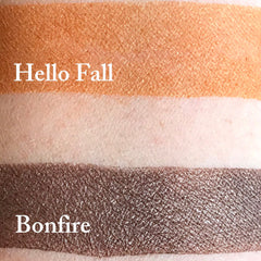Close-up of vegan Bonfire eyeshadow palette showing rich copper and burgundy matte shades with smooth texture
