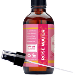 Rose water bottle with brown glass, pink label, and black spray nozzle, Leven Rose brand