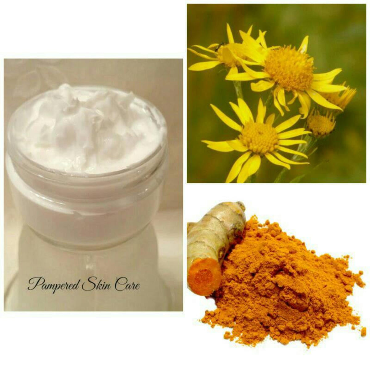 Golden turmeric cream in a sleek white jar with minimalist black text, showcasing rich texture