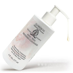 Refining cleanser bottle, white plastic, floral design, with liquid dispensing from pump