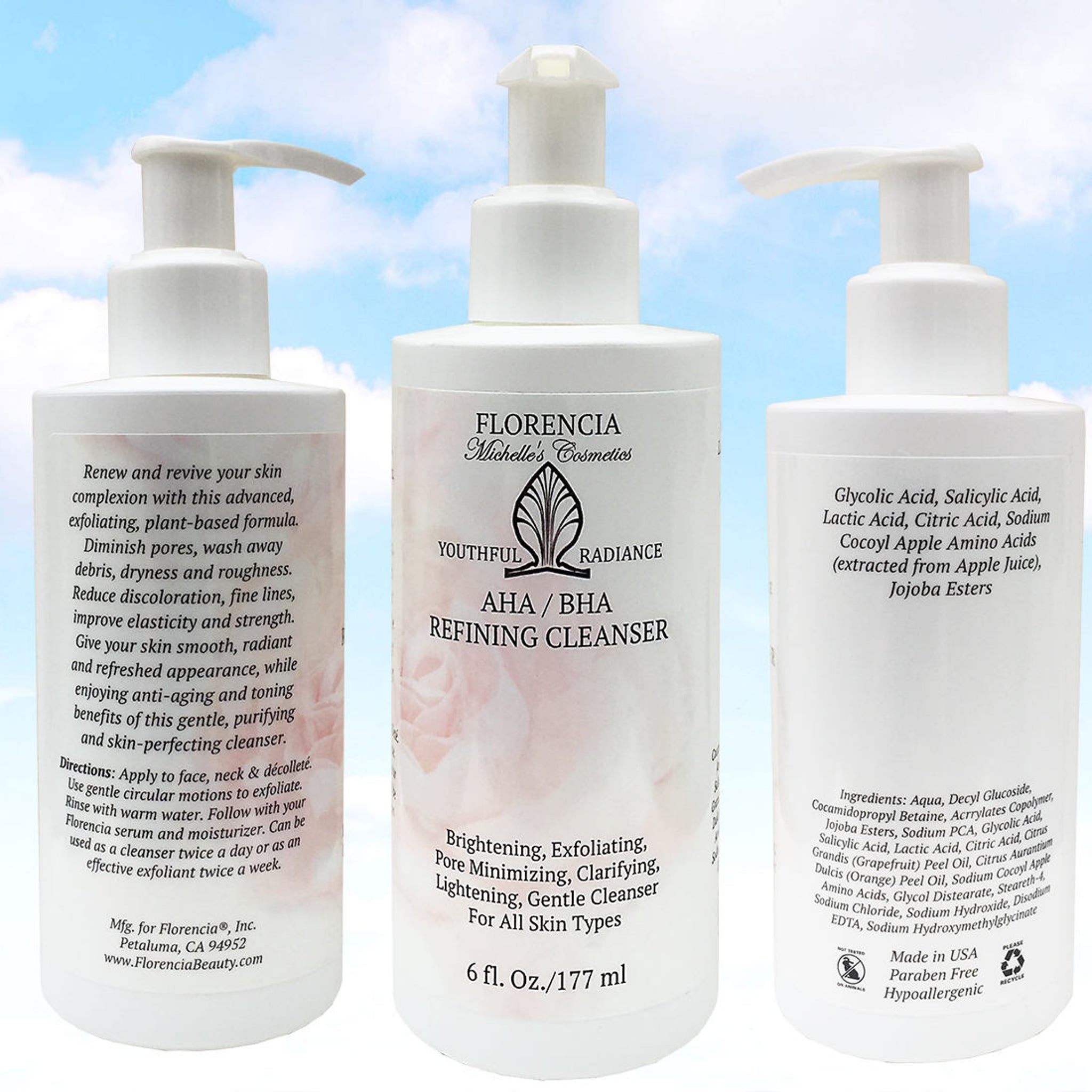 Facial cleanser bottle, white plastic, pump dispenser, Florencia text visible