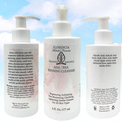 Facial cleanser bottle, white plastic, pump dispenser, Florencia text visible