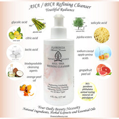AHA/BHA Refining Cleanser white bottle with ingredients and brand text Florencia Beauty