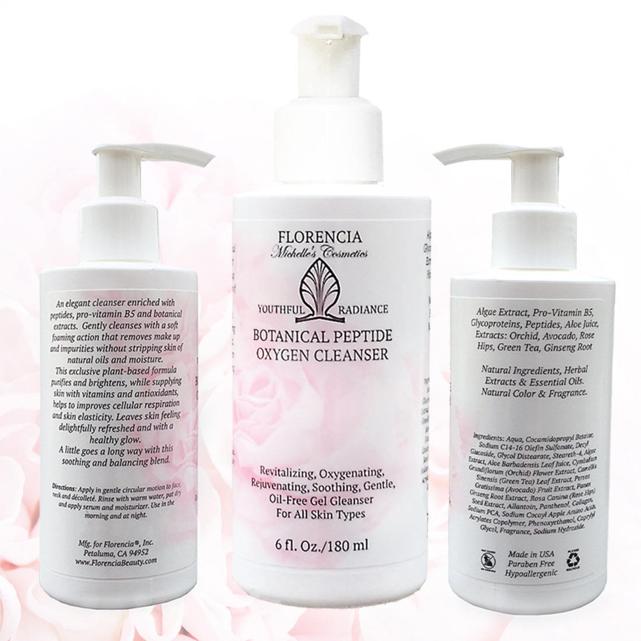 Botanical Peptide Oxygen Cleanser white pump bottle with FLORENCIA label, for face cleansing