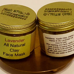 Clay face mask jars, gold lids, yellow label, "NANAS NATURALS" text visible