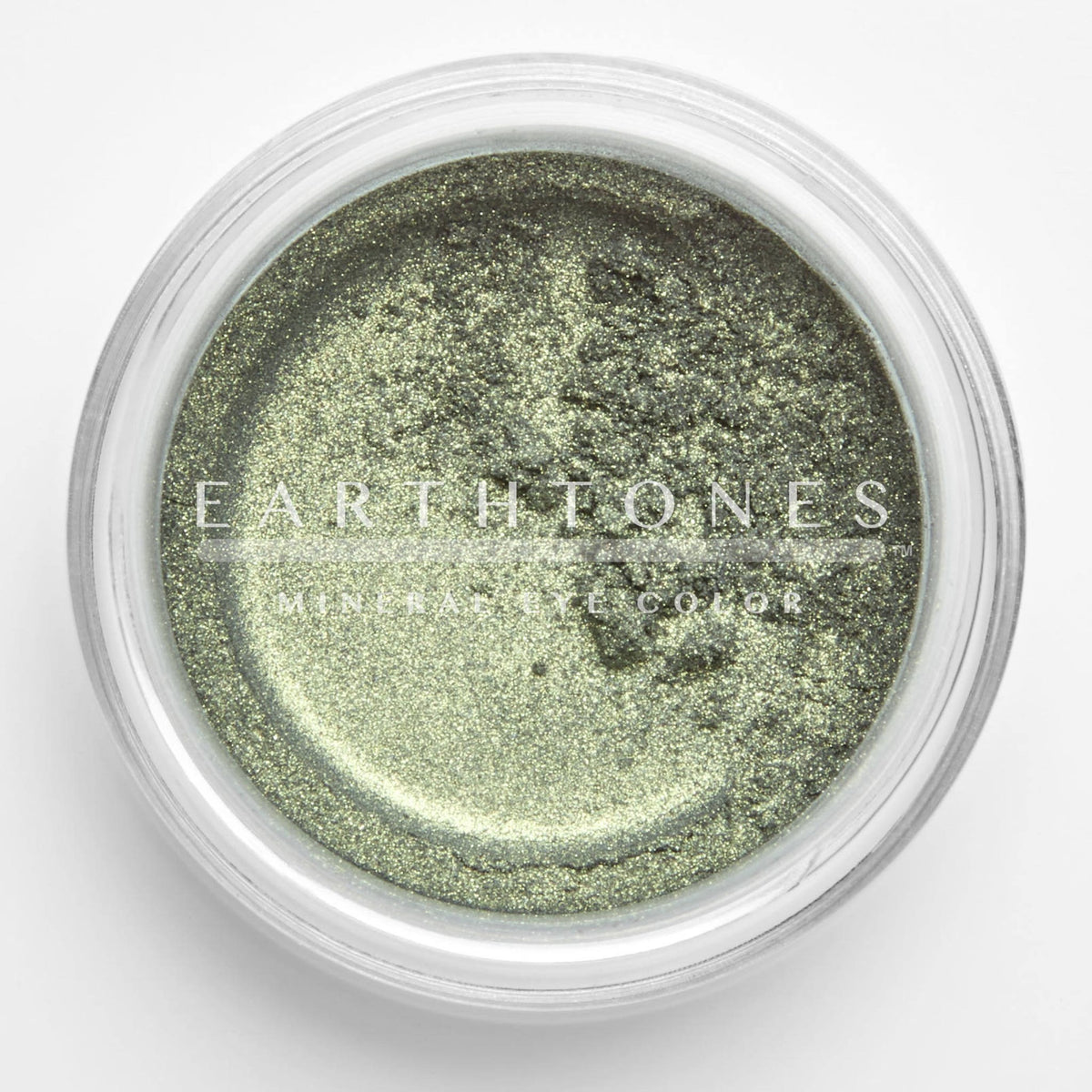 Close-up of mint green shimmer mineral eye shadow with soft metallic finish in round compact