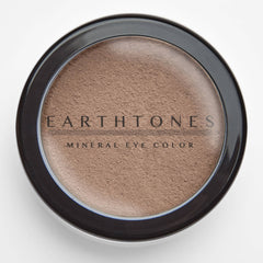 Side view of Mineral Eye Shadow in Chocolate showing rich brown powder texture and compact case
