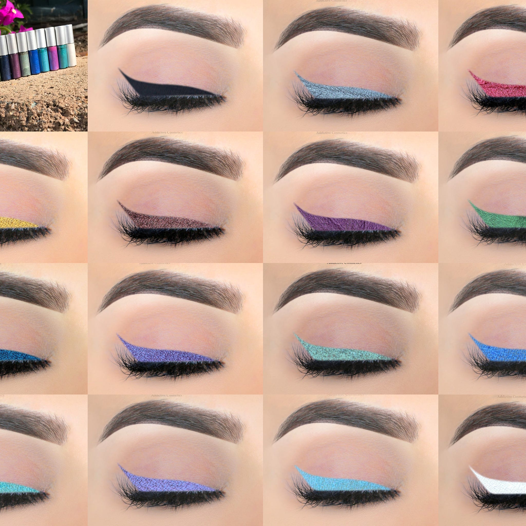 Eyeliner makeup in various colors, glittery and matte finishes, applied to the eyelids, Addictive Cosmetics brand