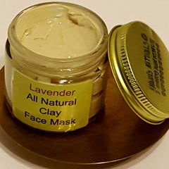 Clay face mask in a glass jar with light yellow cream and gold lid, with "HANAS NATURALS" visible on lid label