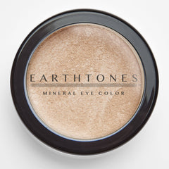 Side angle of peach shimmer mineral eye shadow pot showcasing metallic finish and compact size