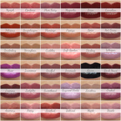 Lipstick swatches, Nymph pink, glossy finish, on lips, beauty product.