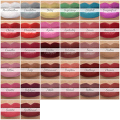 Lipstick swatches, various colors, matte finish, shown on lips for color comparison