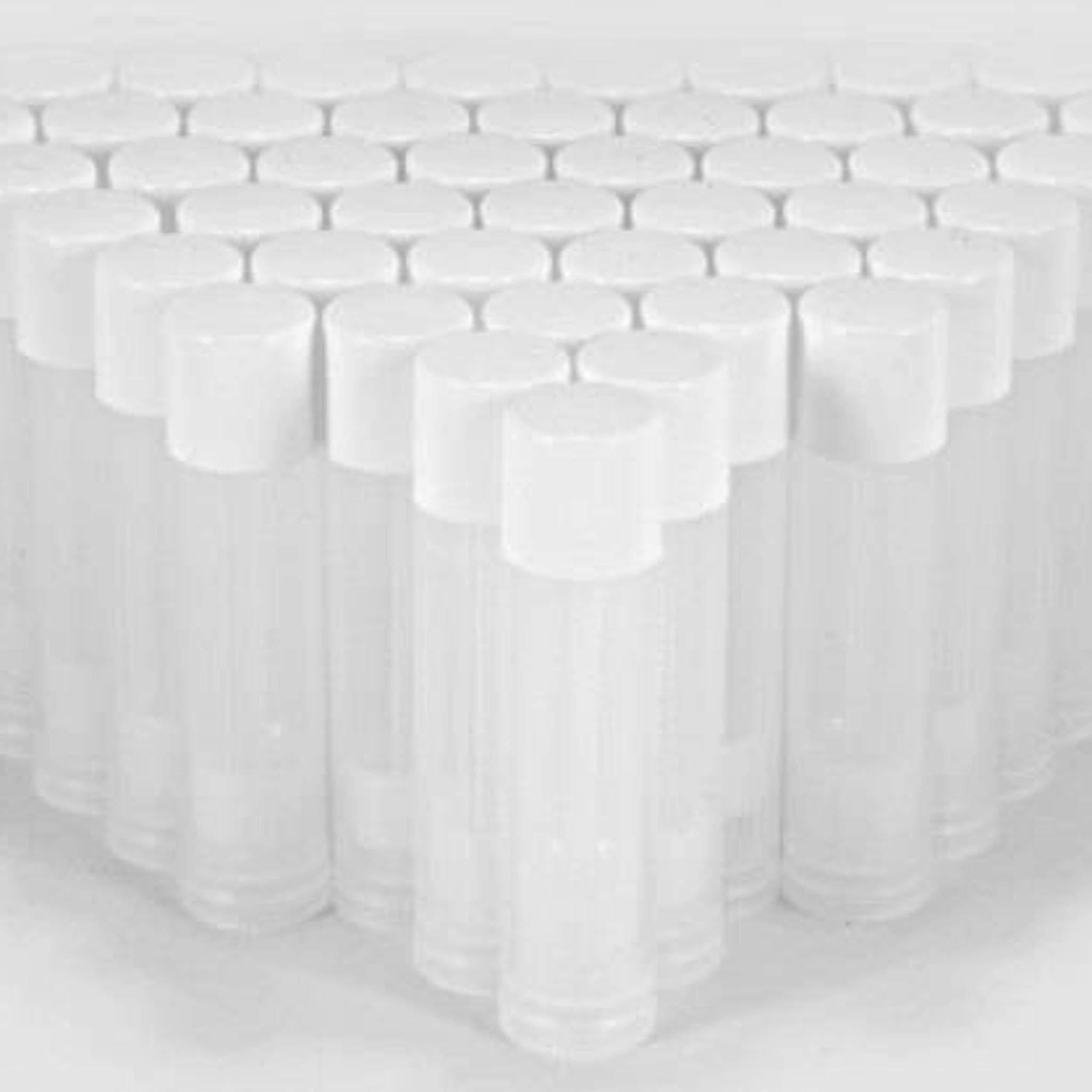 Empty lip balm tubes with white caps, clear plastic, cylindrical shape