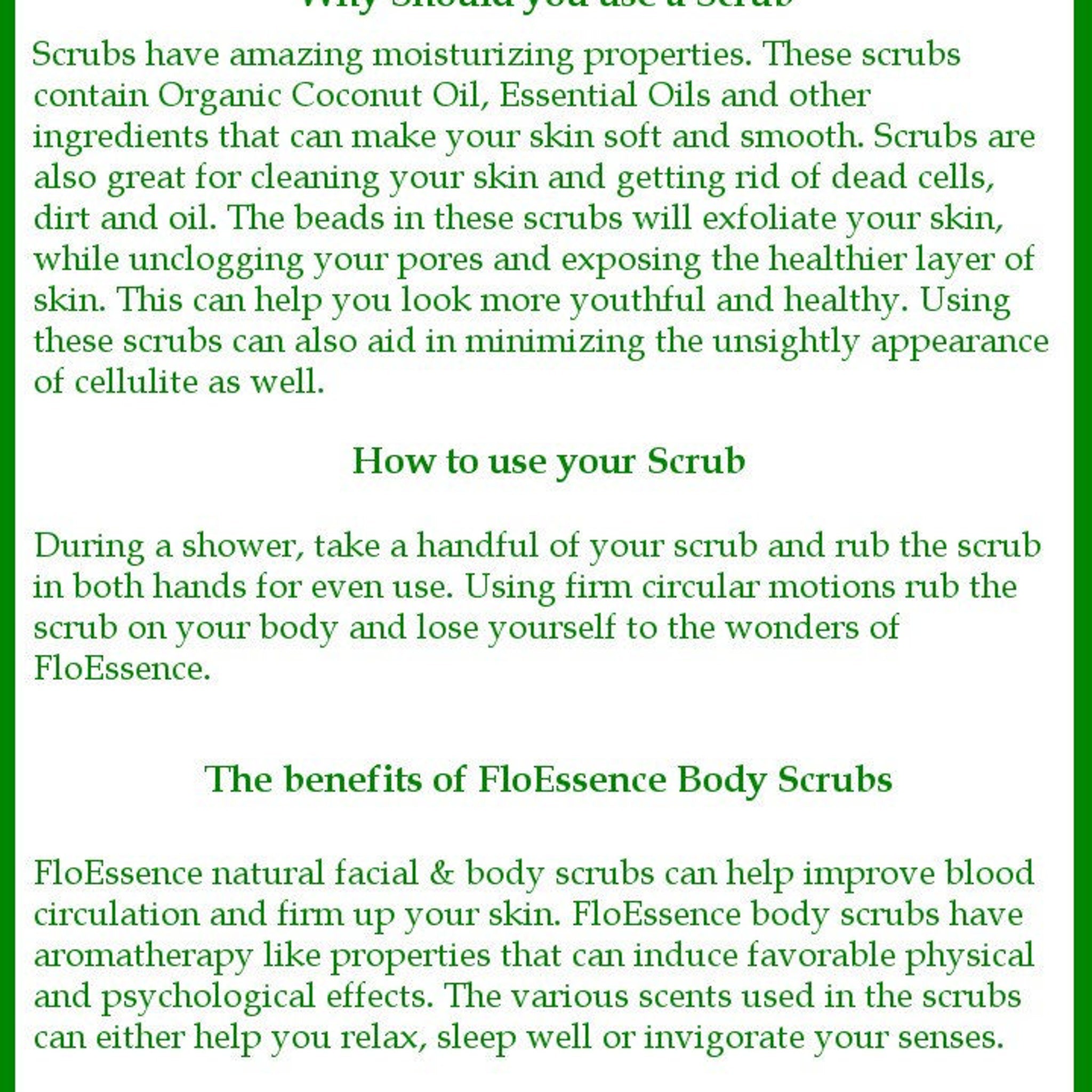 Body scrubs text on white background with green border, FloEssence brand name visible