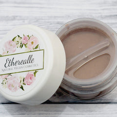 Etherealle powder container, white lid with floral design, clear container with powder inside